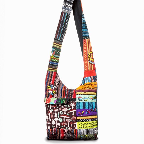 Tribal Stripe Patchwork Hobo Bag - Handmade Cotton Crossbody Bag from Nepal - Picture 6 of 7